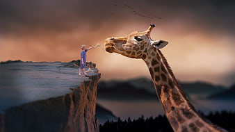 Fantasy child feeding giant giraffe on cliff edge