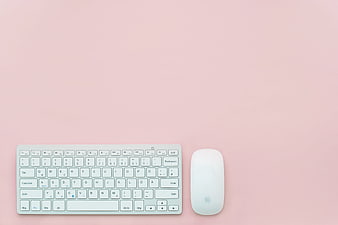 White Keyboard and Mouse on Pink Background Flat Lay