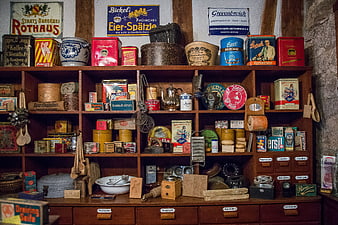 Vintage German Grocery Store Pantry with Antique Tins and Kitchenware