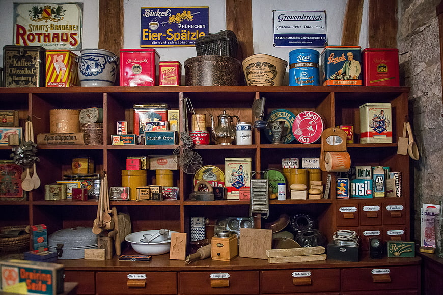 Vintage German Grocery Store Pantry with Antique Tins and Kitchenware
