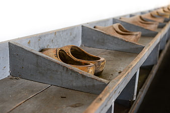 Traditional Dutch wooden clogs in a row on a shelf