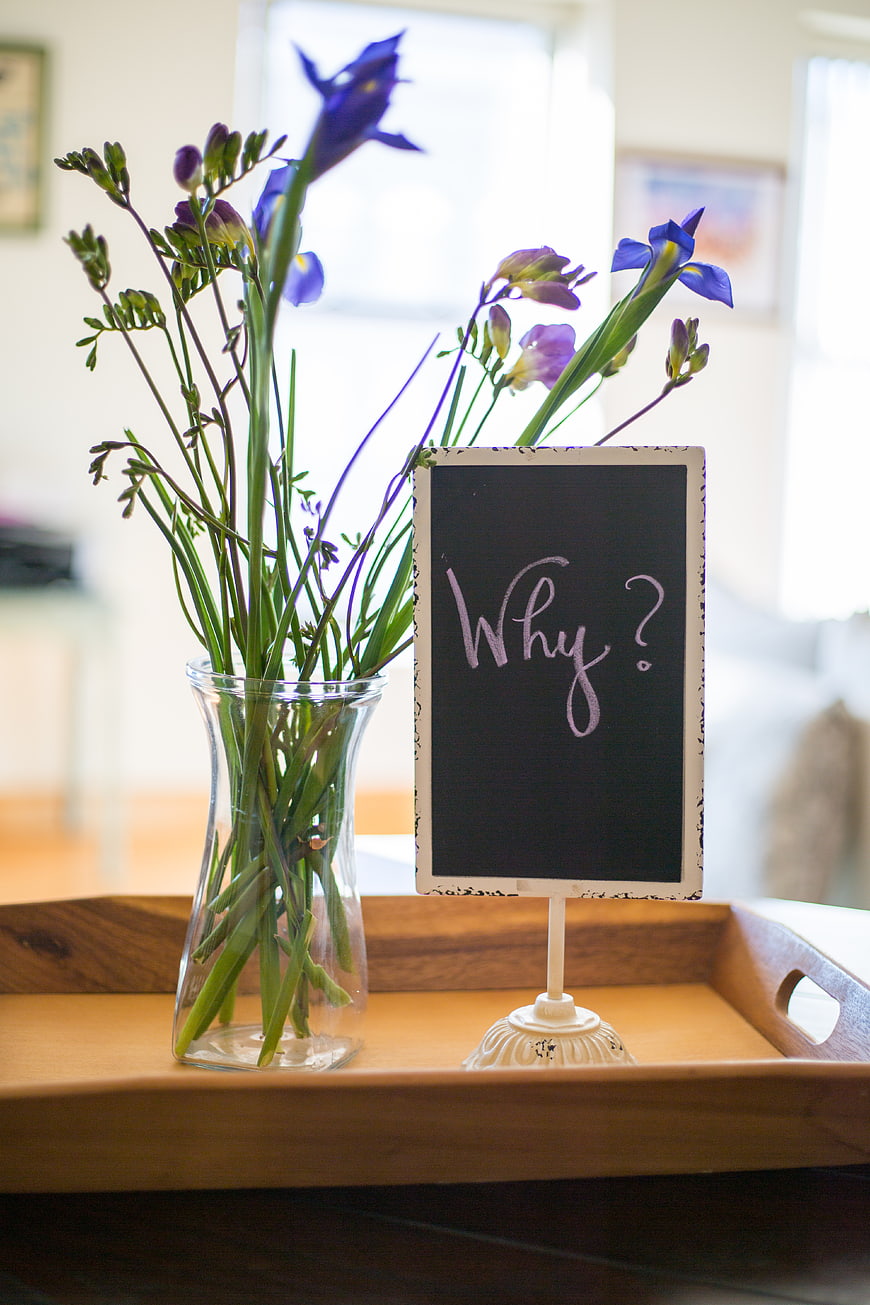 Purple flowers in vase with chalkboard sign saying Why