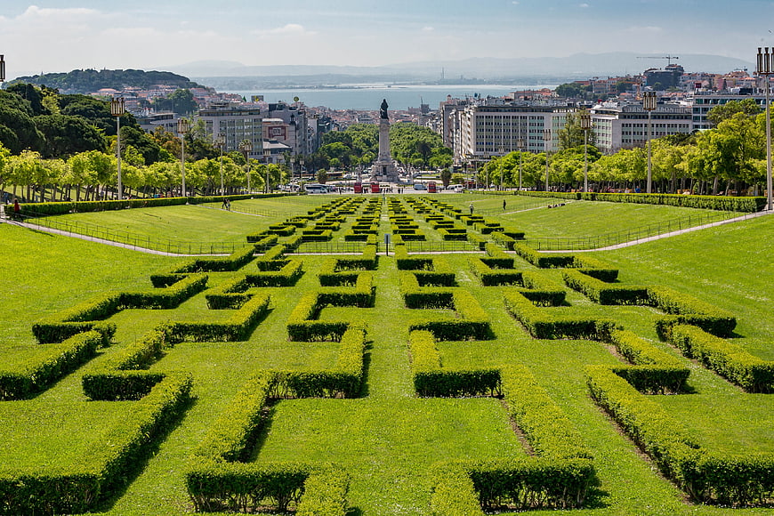 Lisbon Gardens Maze Viewpoint Overlooking City Skyline And River