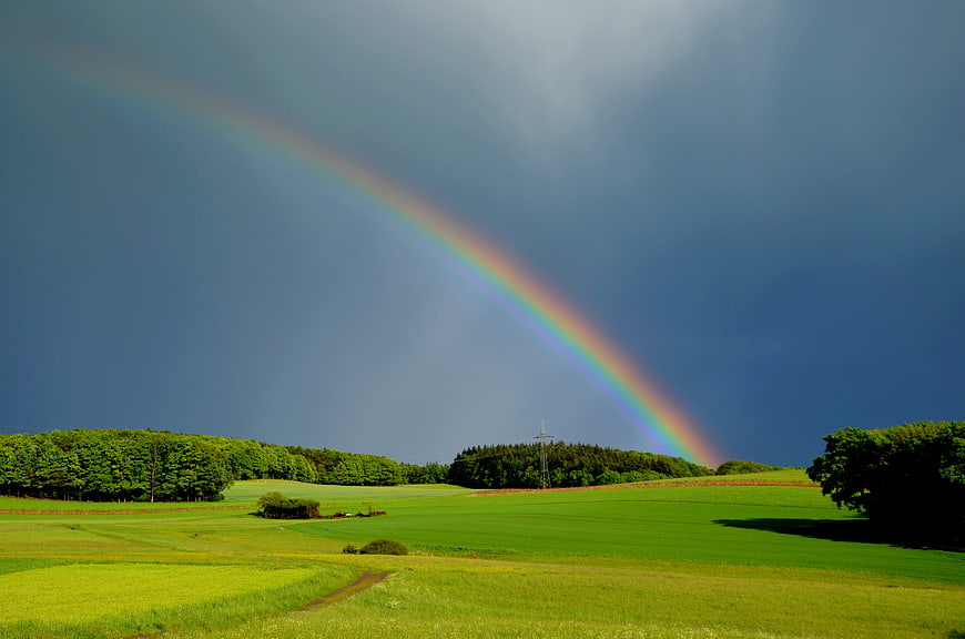 Vibrant Rainbow Arching Over Green Rolling Hills and Forest